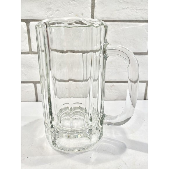 Heavy BEER MUG‎ Large 6” Clear Glass with Handle & Octagon Panel Bottom - Picture 1 of 5